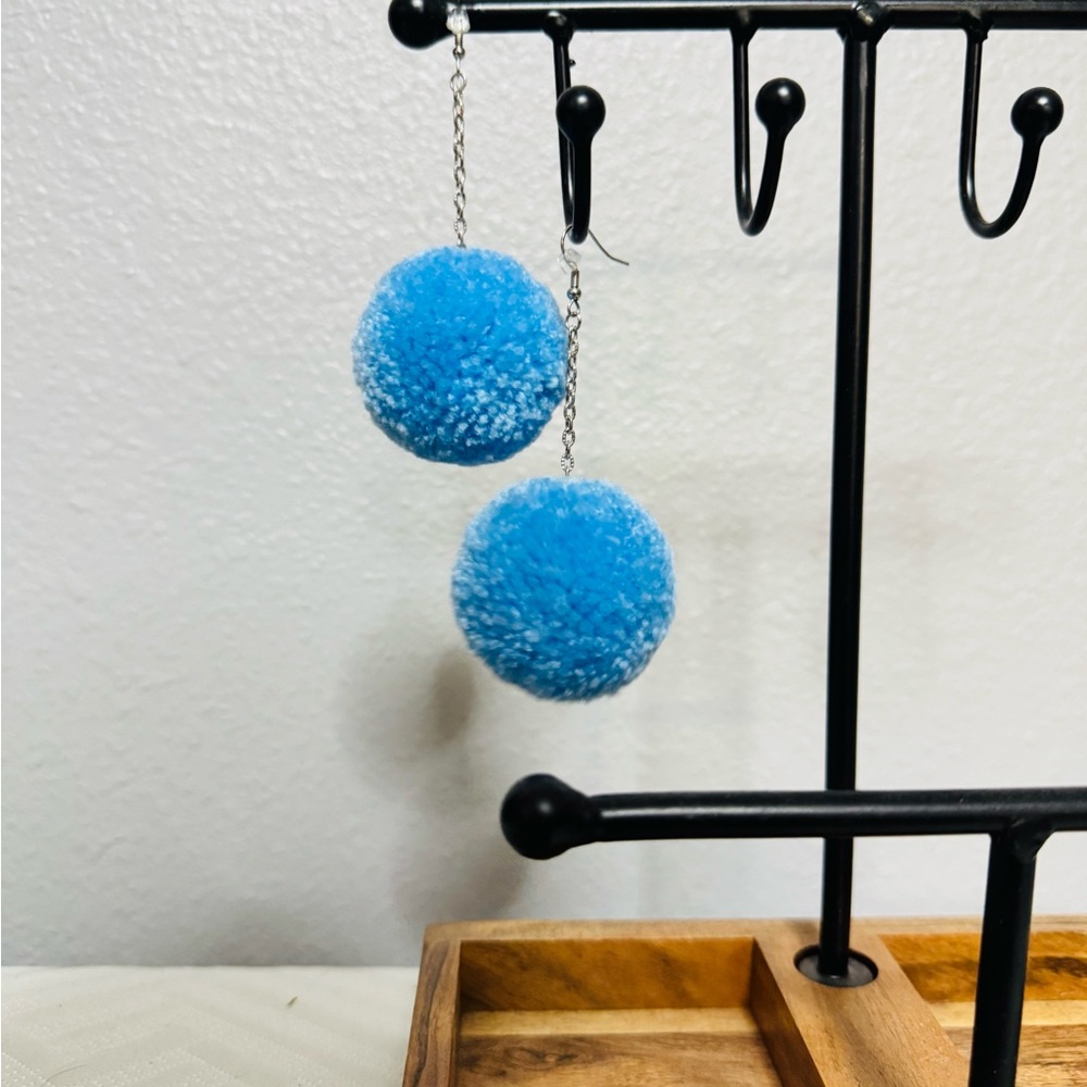 Blue Pom Pom Earrings